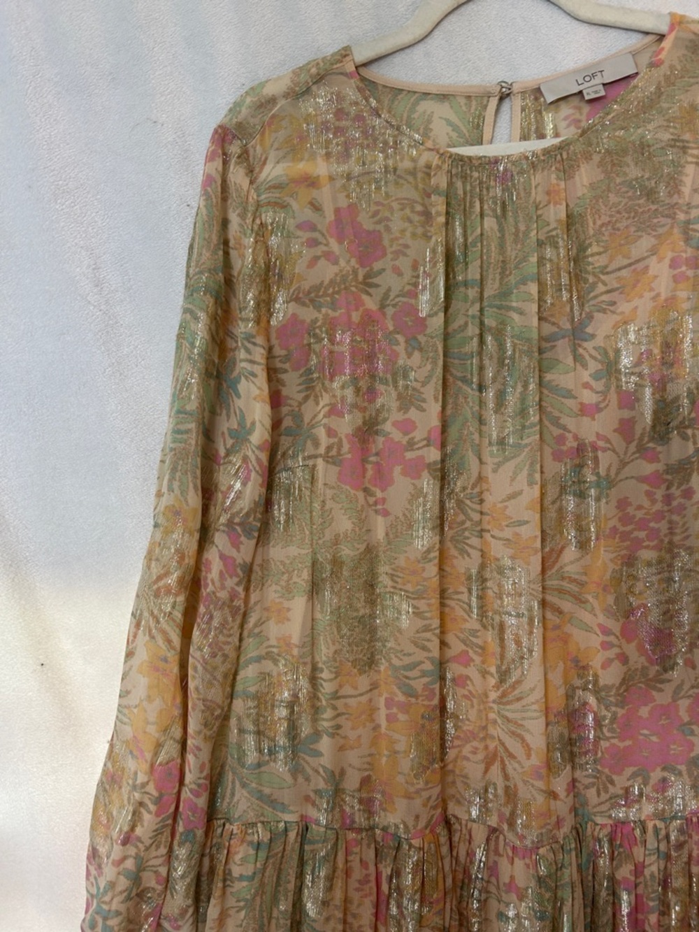 LOFT Metallic Floral Long-Sleeve Tiered Dress in Multi - Picture 6 of 10